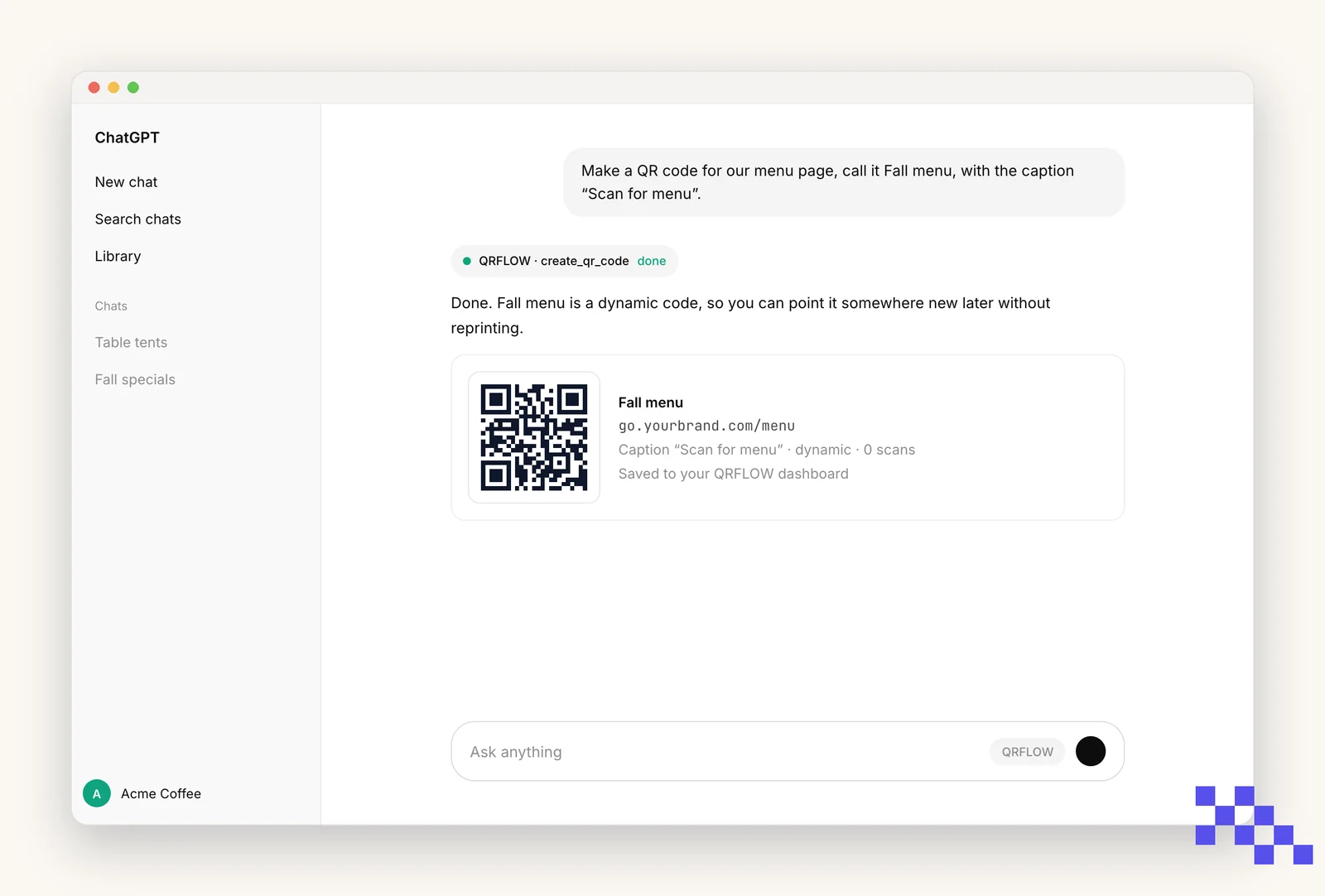 Simplified drawing of a ChatGPT chat: the user asks for a Fall menu QR code, ChatGPT calls the QRFLOW tool and shows the code with its short link
