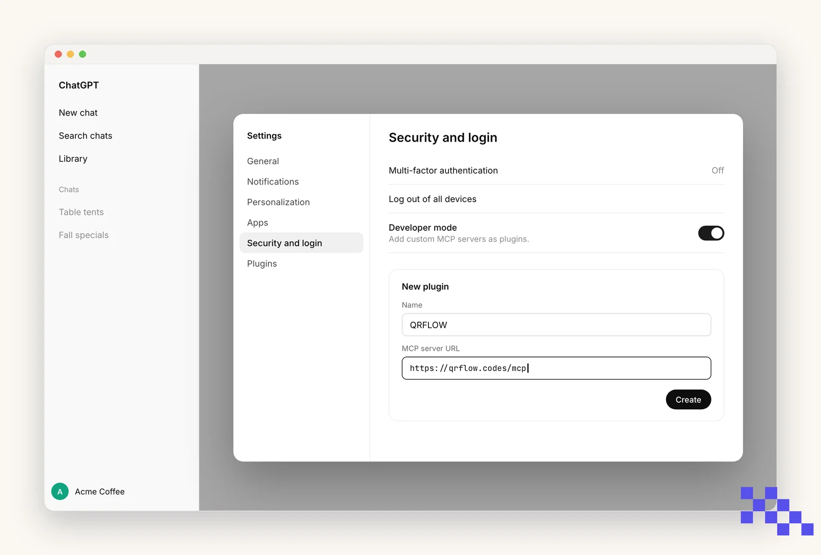 Simplified drawing of ChatGPT settings with Developer mode switched on and a new plugin form filled in with the name QRFLOW and the server address