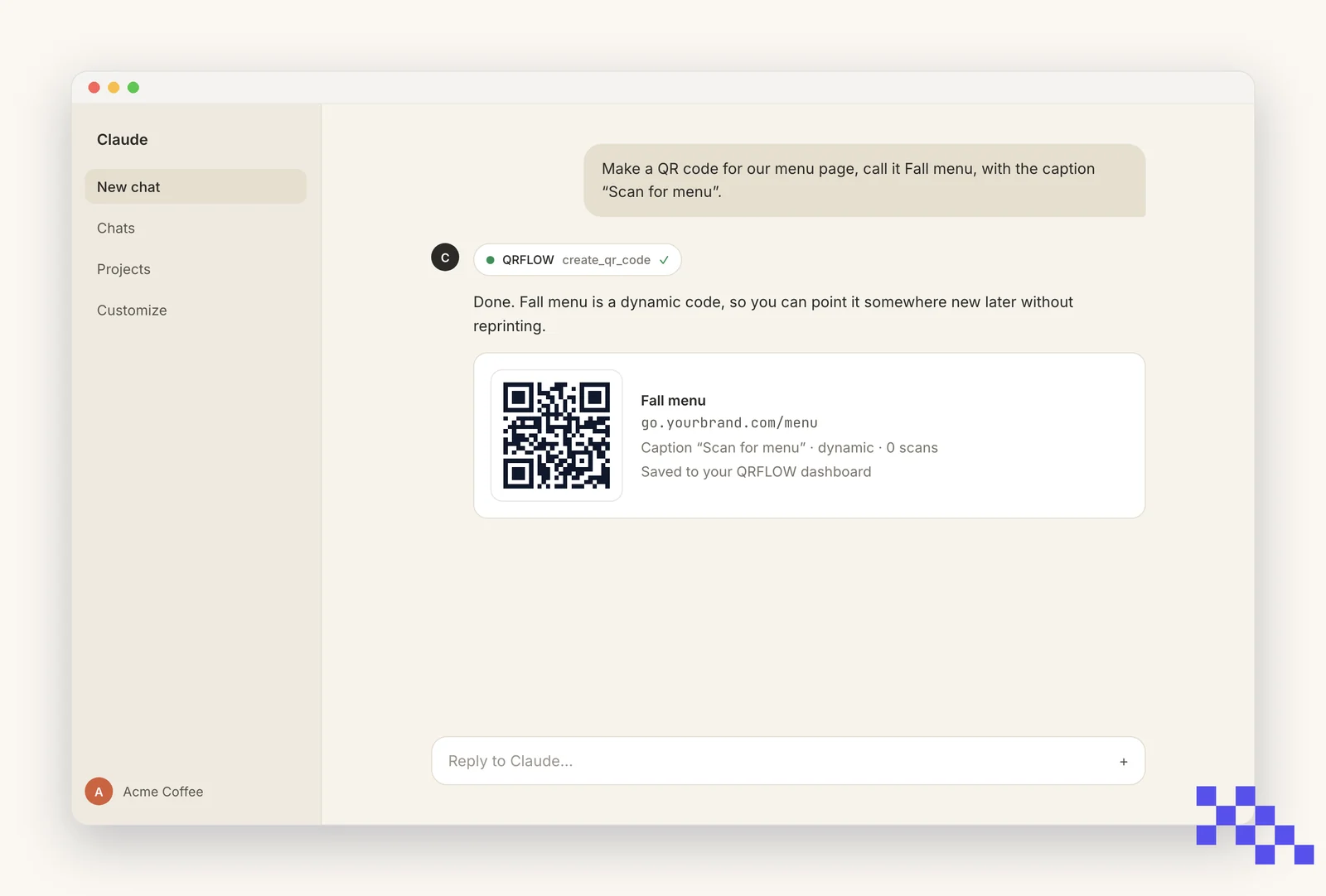 Simplified drawing of a Claude chat: the user asks for a Fall menu QR code, Claude calls the QRFLOW tool and shows the code with its short link