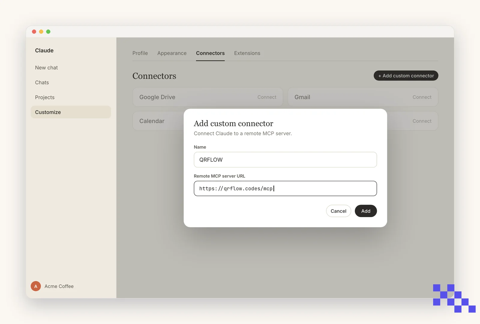 Simplified drawing of the Claude connectors settings with the Add custom connector dialog filled in: name QRFLOW, the QRFLOW server address, and an Add button