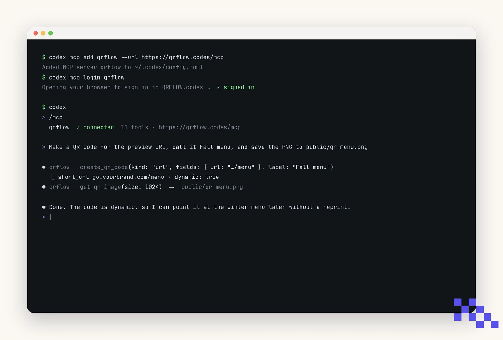 Simplified drawing of a terminal: codex mcp add registers QRFLOW, codex mcp login opens the sign-in, /mcp lists qrflow with 11 tools, and a request makes a Fall menu code