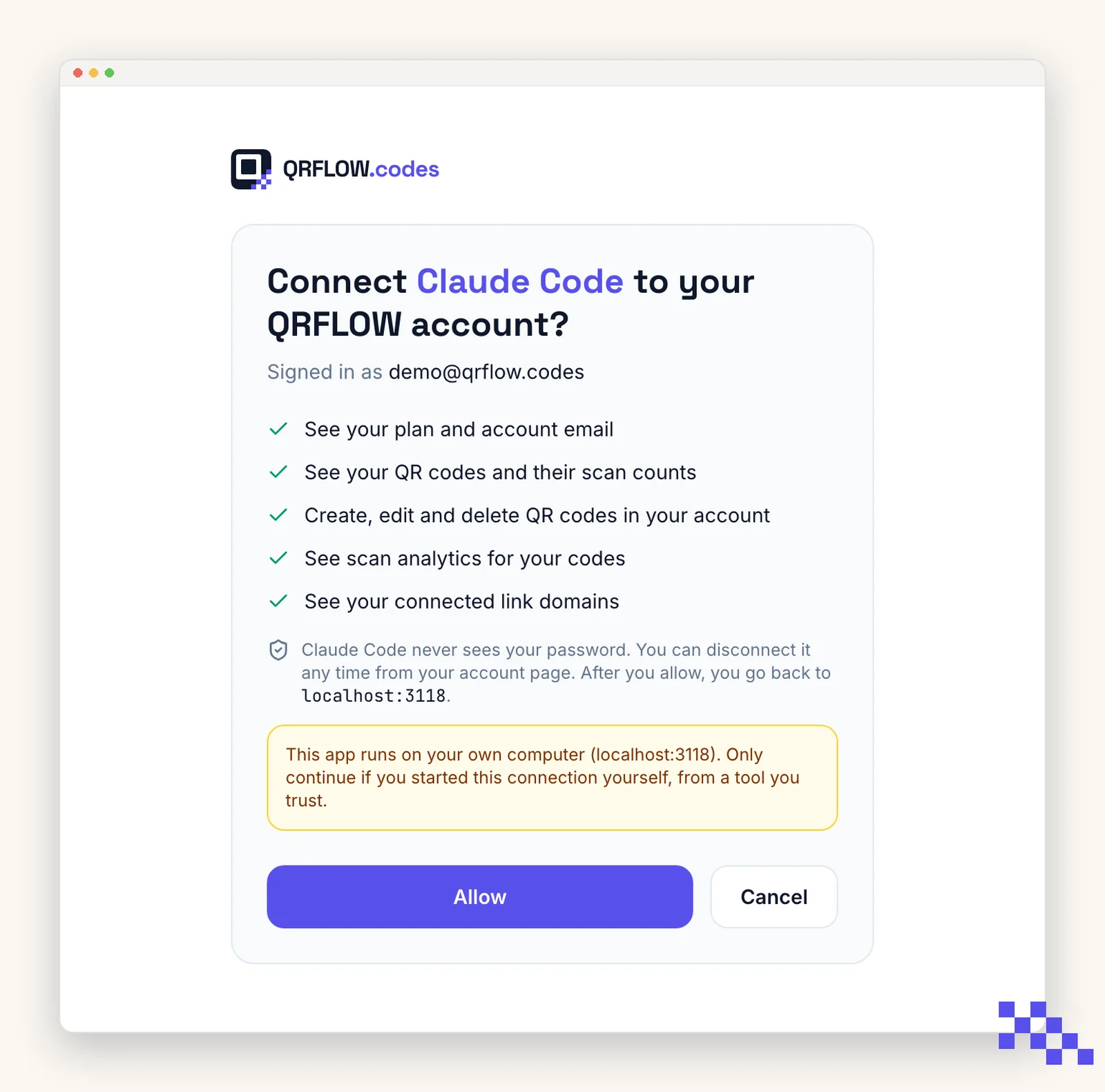 The QRFLOW consent screen for Claude Code, noting that after Allow it returns to a local address on your computer