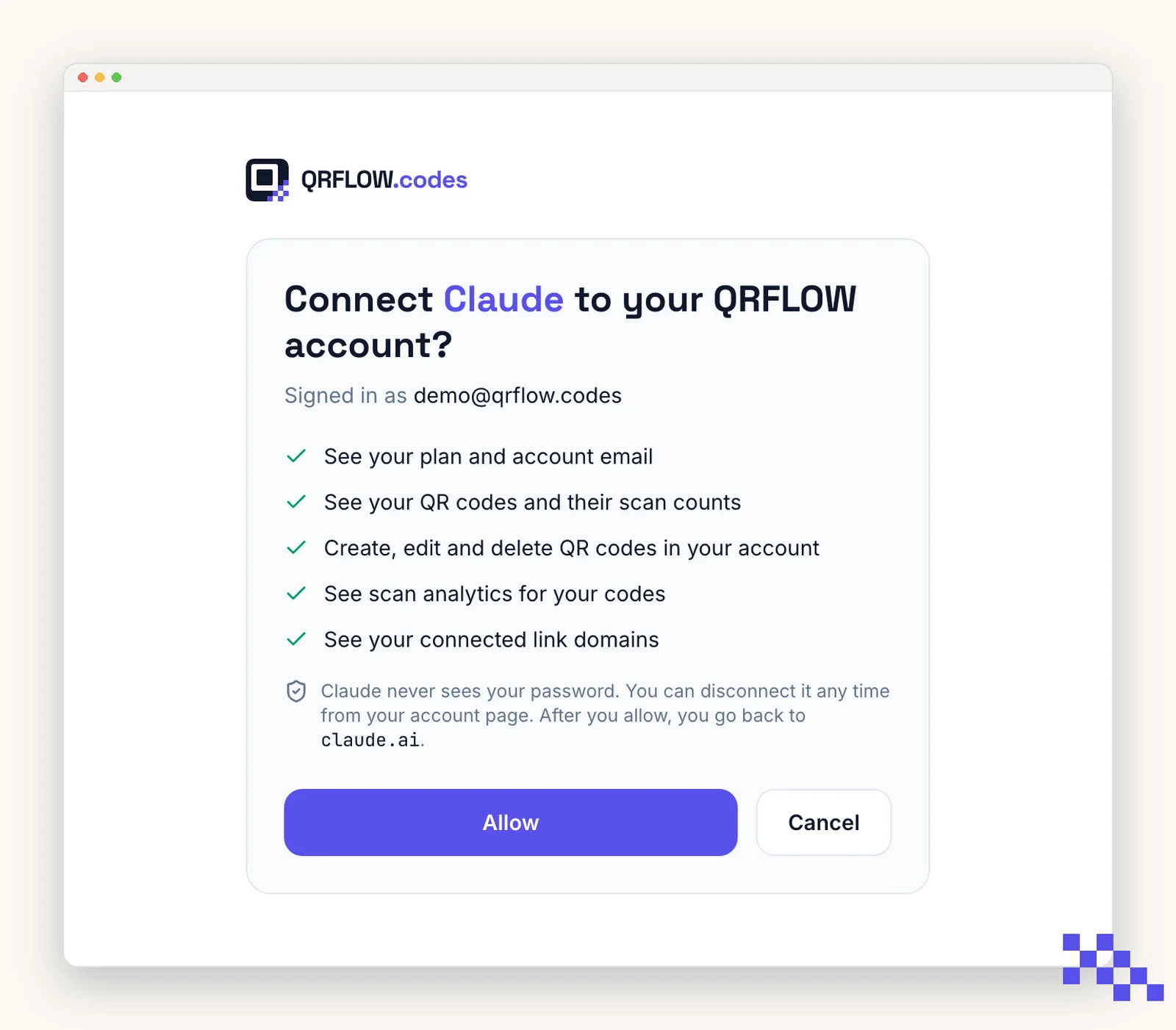 The QRFLOW consent screen asking to connect an app to your account, with the permissions listed and an Allow button