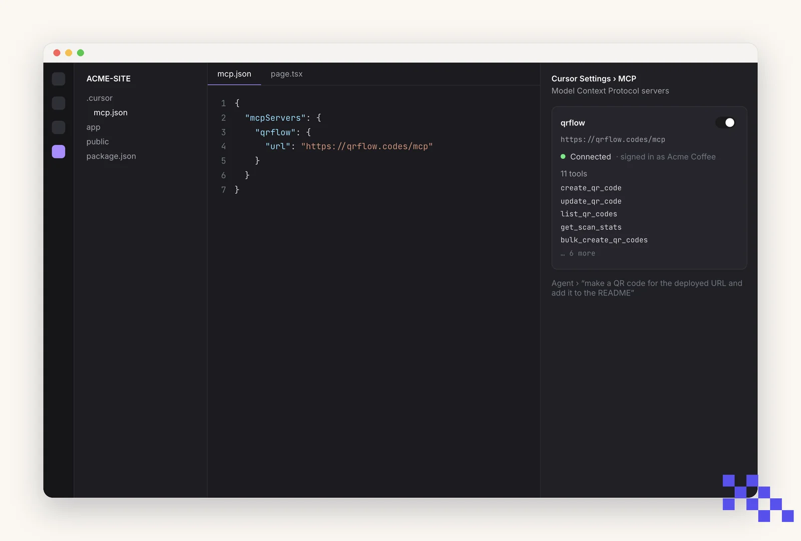 Simplified drawing of the Cursor editor with mcp.json open, the qrflow entry pointing at the QRFLOW server, and the MCP settings panel showing it connected with 11 tools