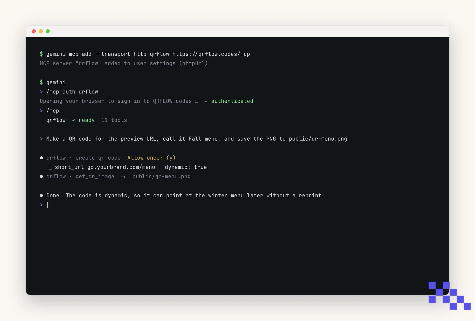Simplified drawing of a terminal: gemini mcp add registers QRFLOW, /mcp auth signs in, /mcp lists qrflow with 11 tools, and a request makes a Fall menu code