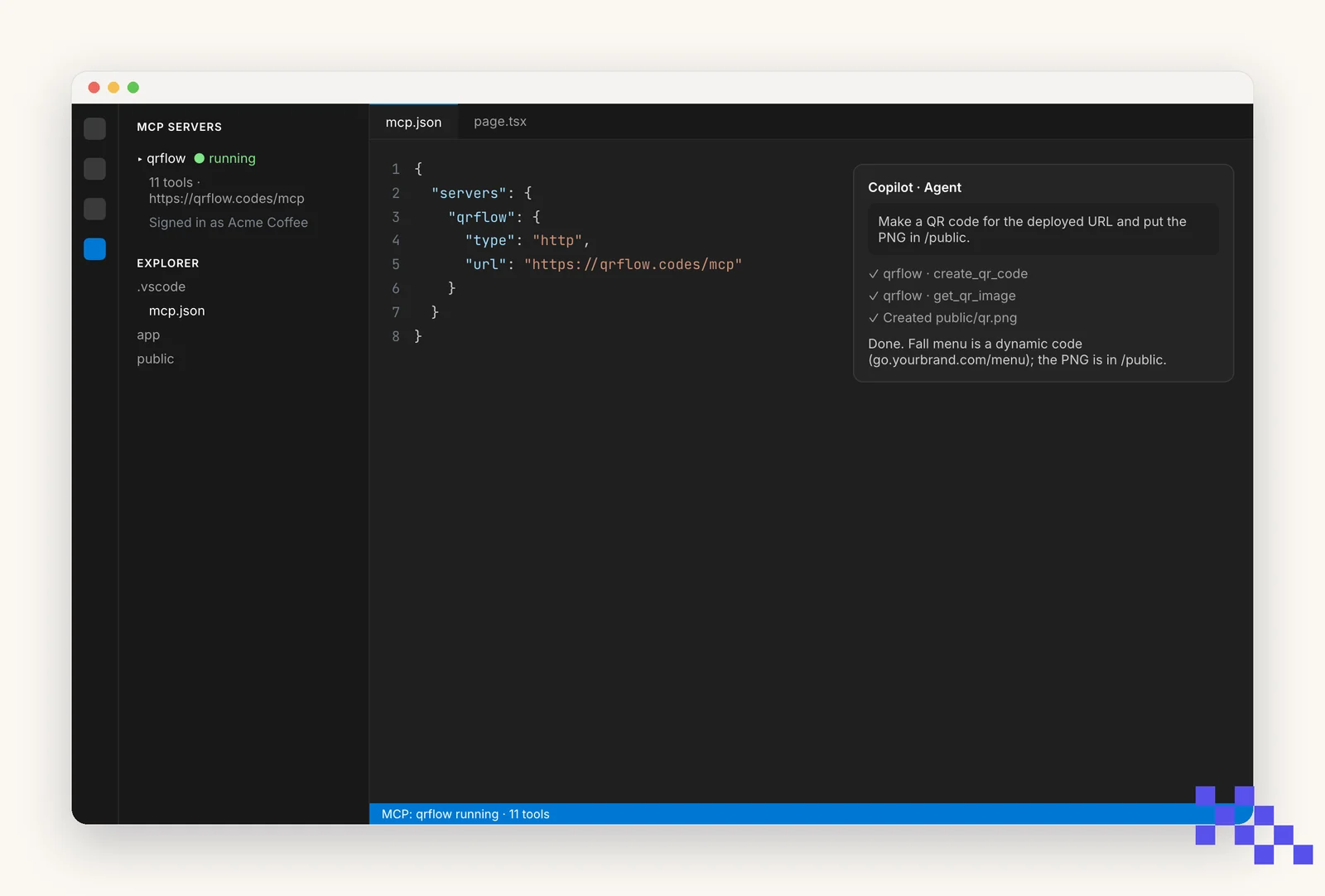 Simplified drawing of VS Code with .vscode/mcp.json open, the qrflow server pointing at the QRFLOW address, and the MCP servers view showing it running with 11 tools