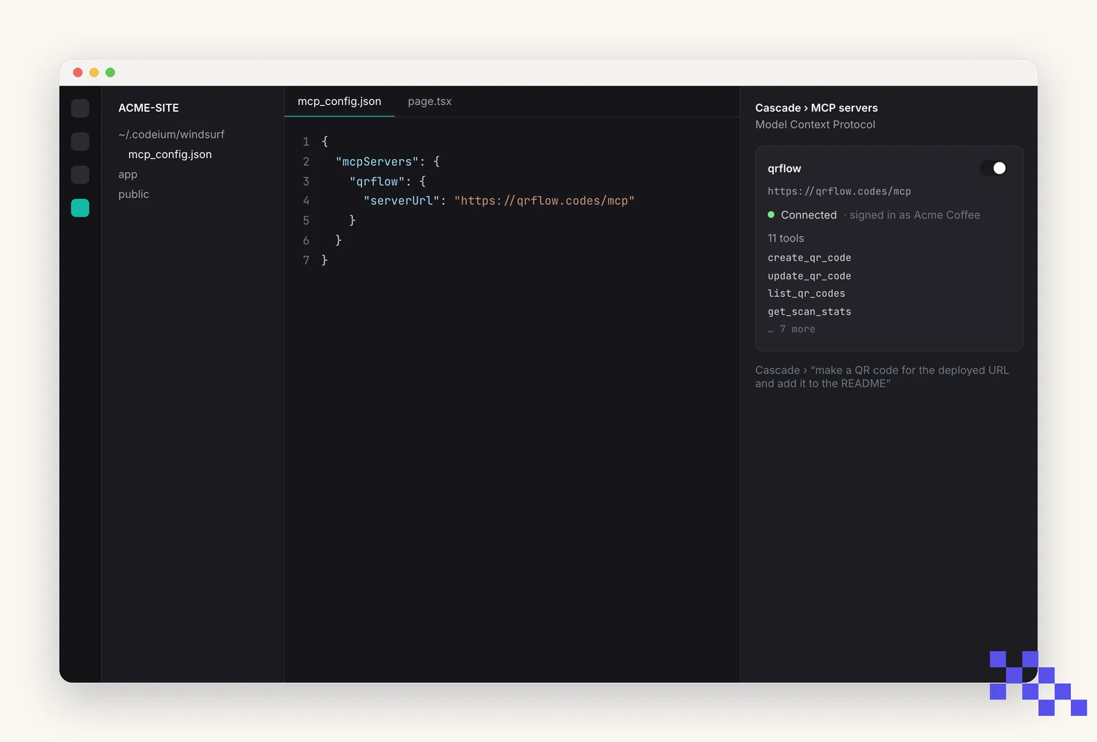 Simplified drawing of Windsurf with mcp_config.json open, the qrflow entry using serverUrl, and the Cascade MCP panel showing it connected with 11 tools