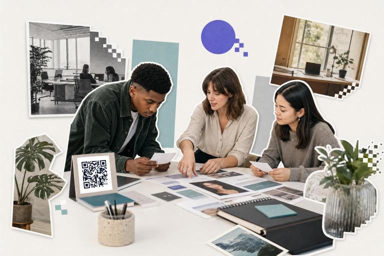 Three people collaborate at a table with QR codes in personal branding, surrounded by office and plant images.