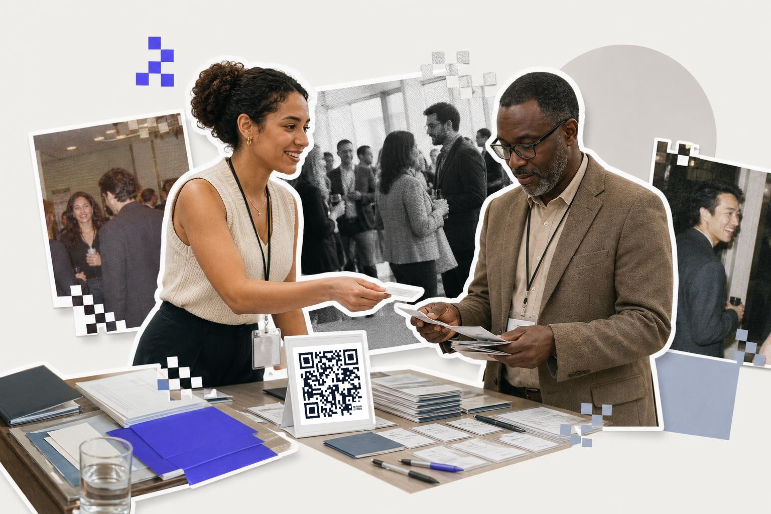 Two people exchange documents at a table with a QR code card during a networking event
