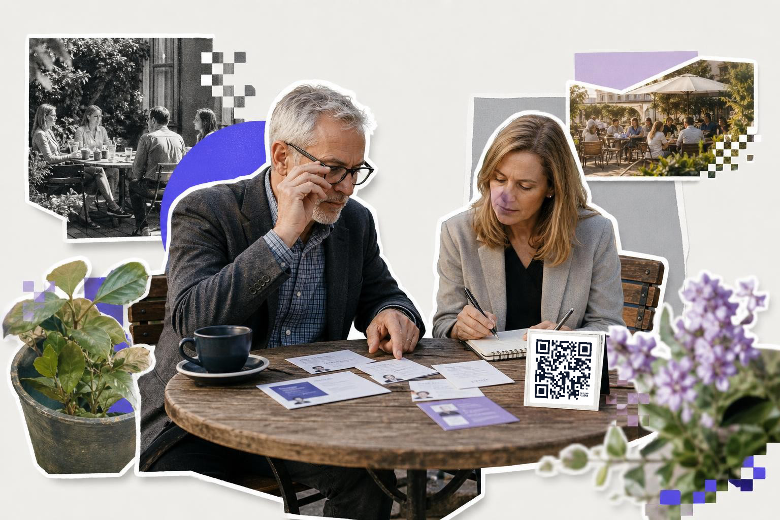 A man and a woman sit at a wooden table discussing printed cards, one featuring a QR code, in a garden setting.