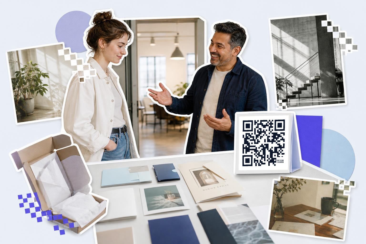 Two people talking in an office with a QR code card on a table and various photos around.