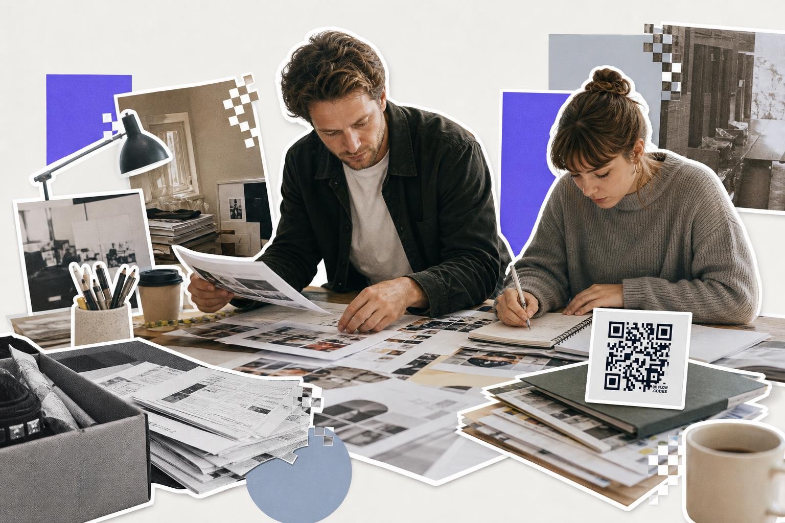 Two people working at a desk with papers and a QR code card in an office setting.