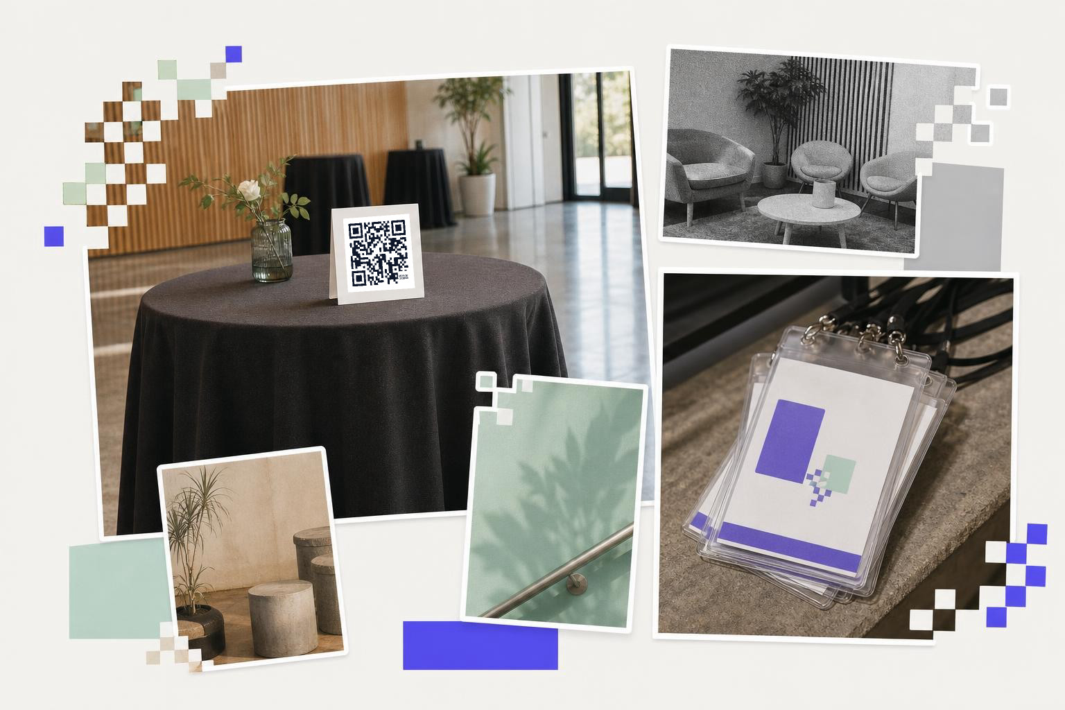 Table with QR code card, chairs and plants in a room, and lanyards on a counter.