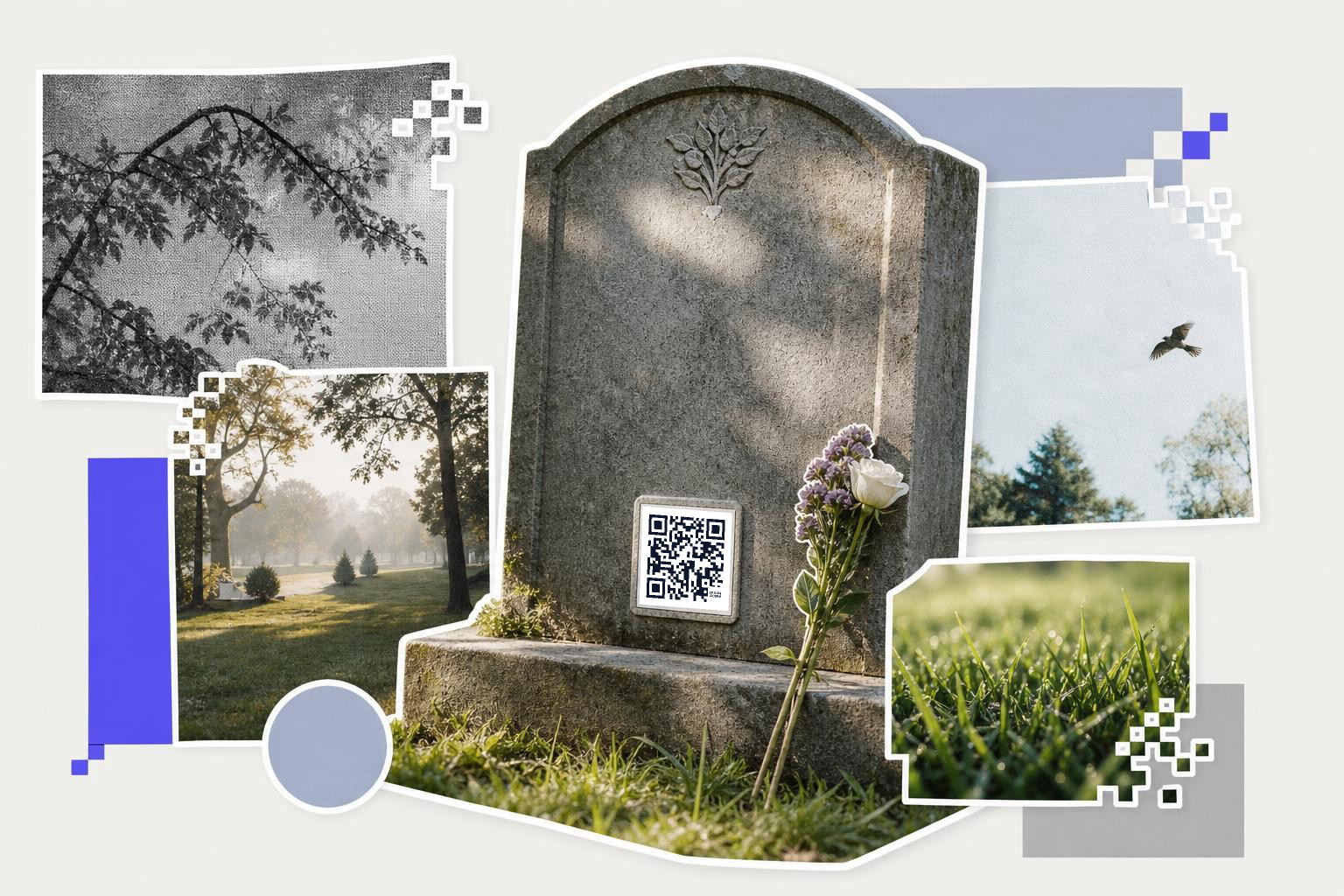 A gravestone with a QR code and fresh flowers, framed by leaves and garden details.