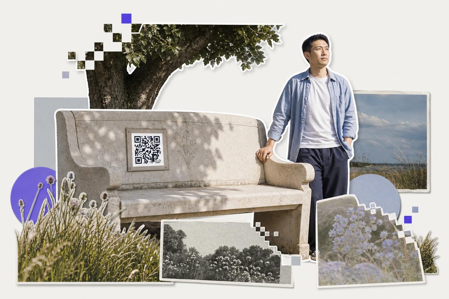 Man standing by a stone bench with a QR code, surrounded by nature and pixelated elements.
