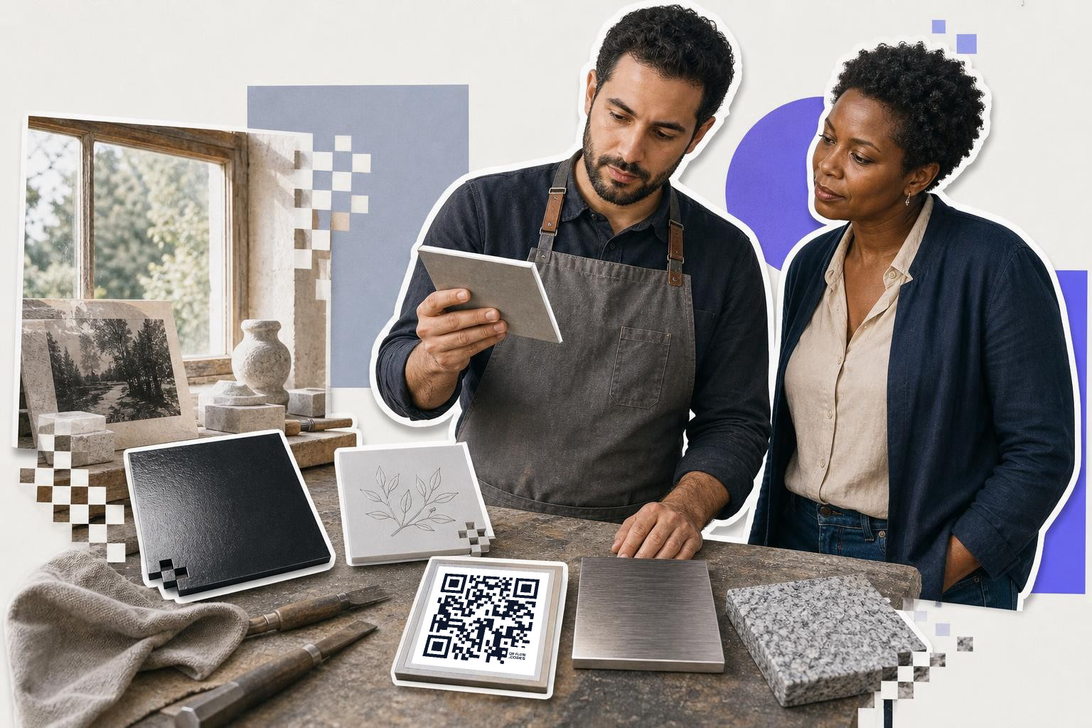 Two people examining a tile in a workshop with various materials and a QR code on the table.