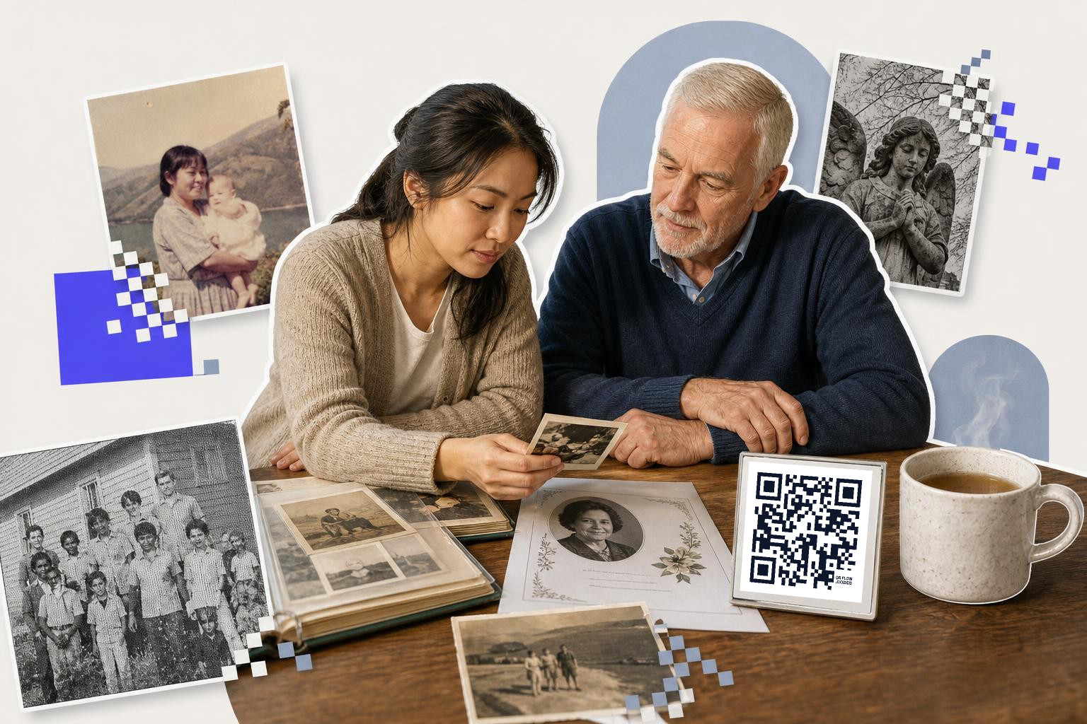 Two people looking at old photographs with a QR code card on the table.