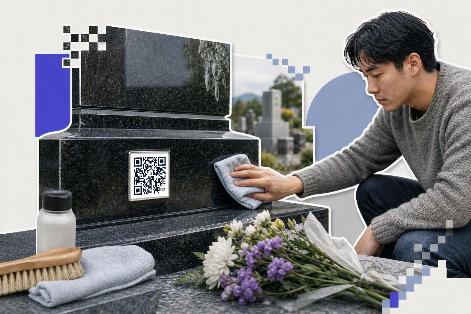 Person cleaning a gravestone with a QR code, surrounded by flowers and cleaning supplies in a cemetery.