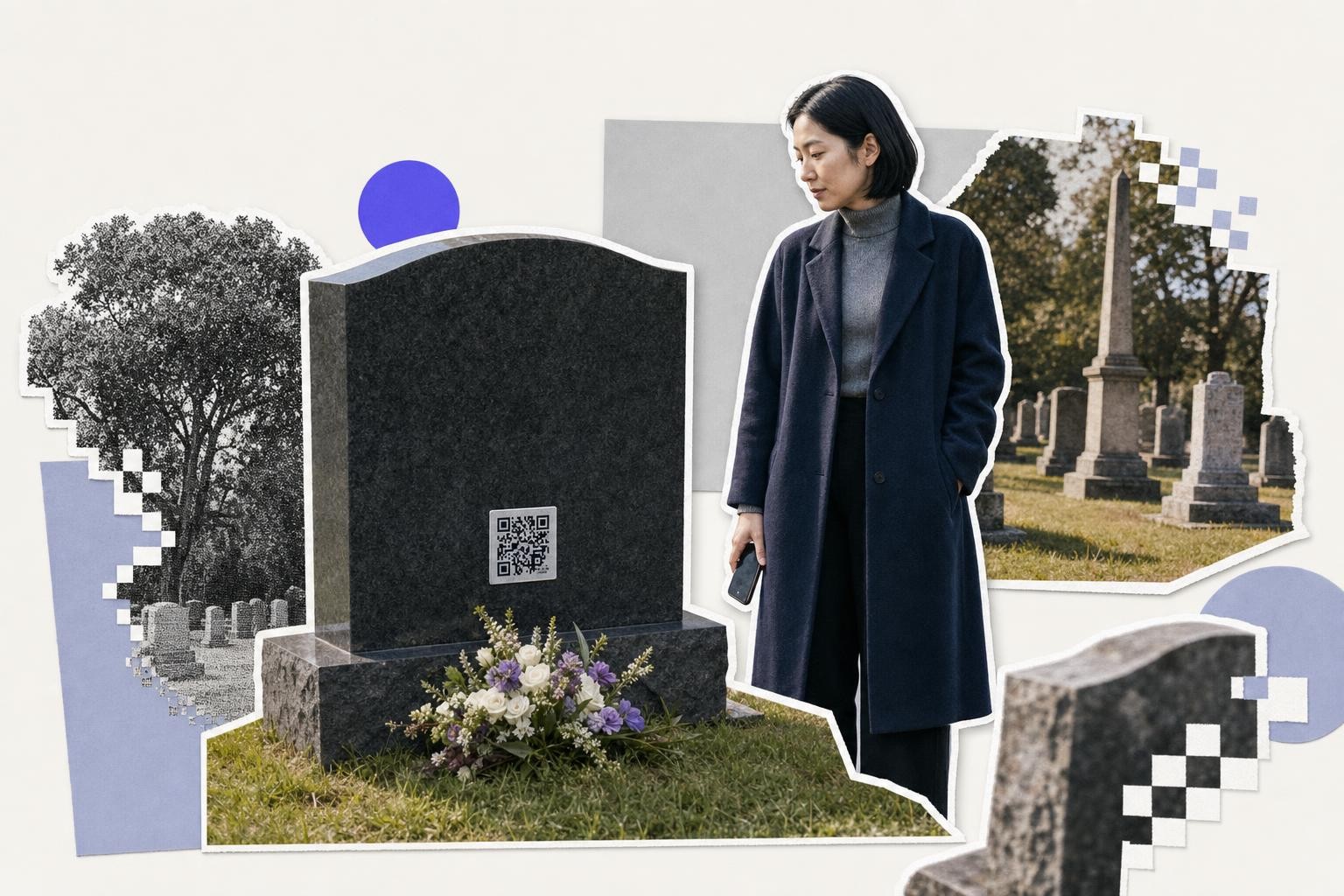 Woman in a cemetery looking at a headstone with a QR code for headstones, holding a phone.