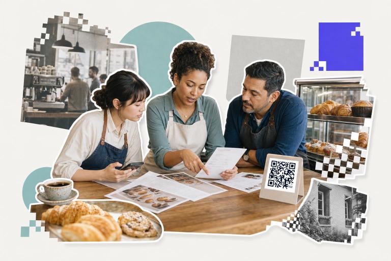 Three people in aprons discuss documents at a table with pastries and a QR code card nearby., safest qr code generator