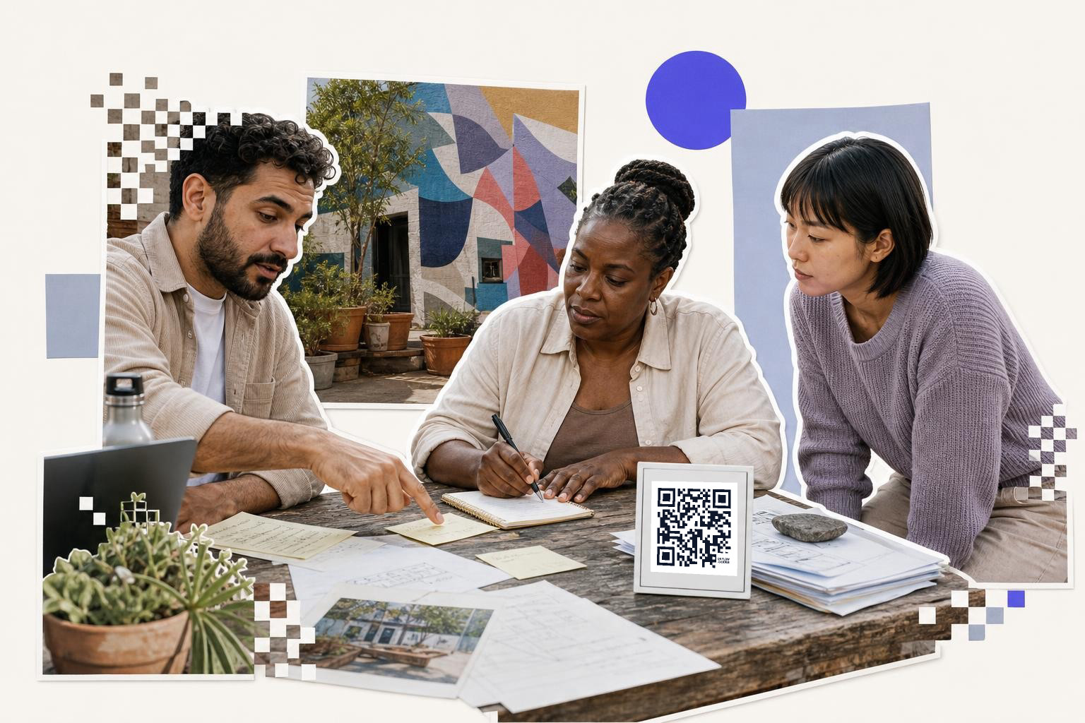 Three people collaborate at a table with documents and a QR code card outdoors.