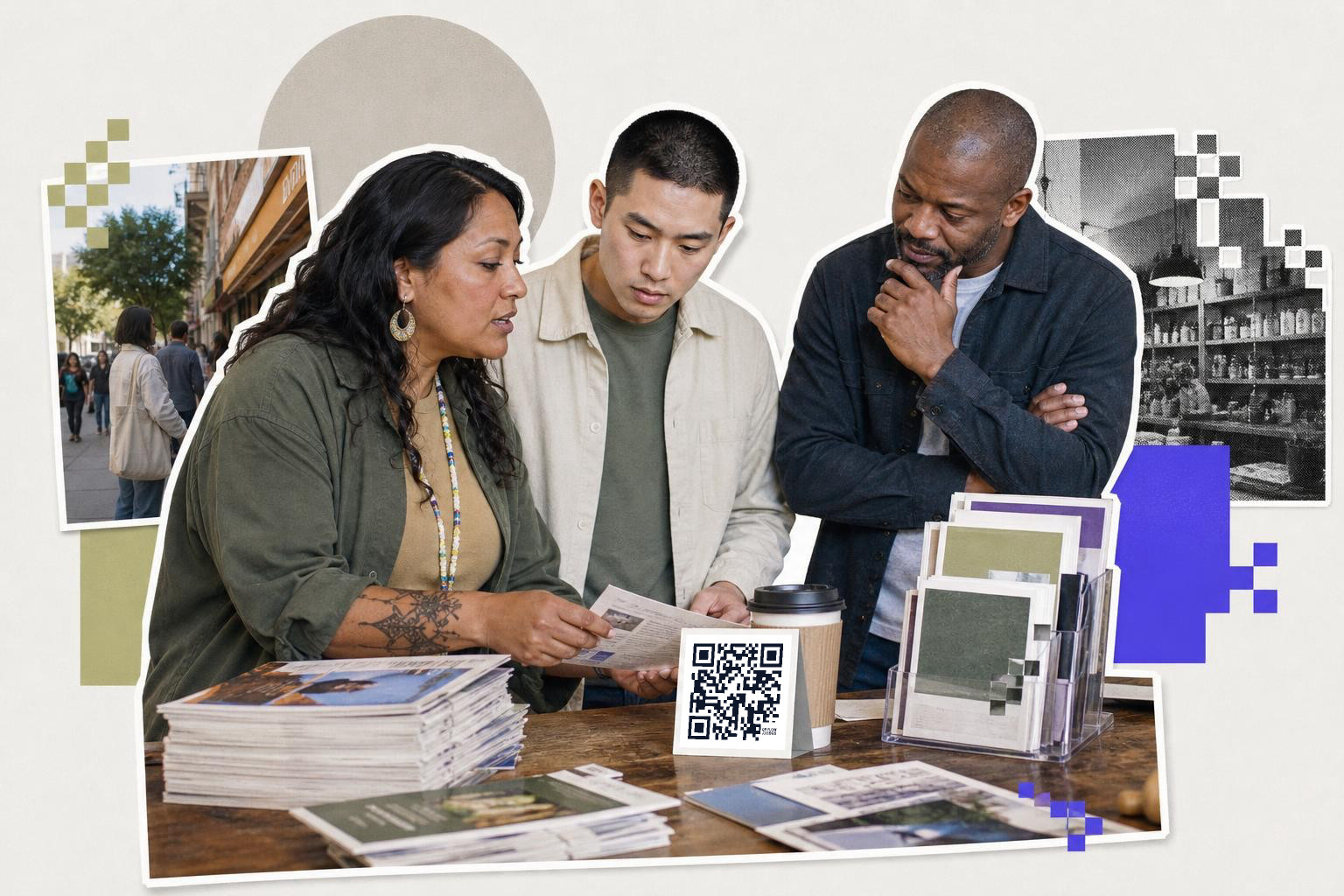 Three people examining brochures at a table with a QR code card and magazines.