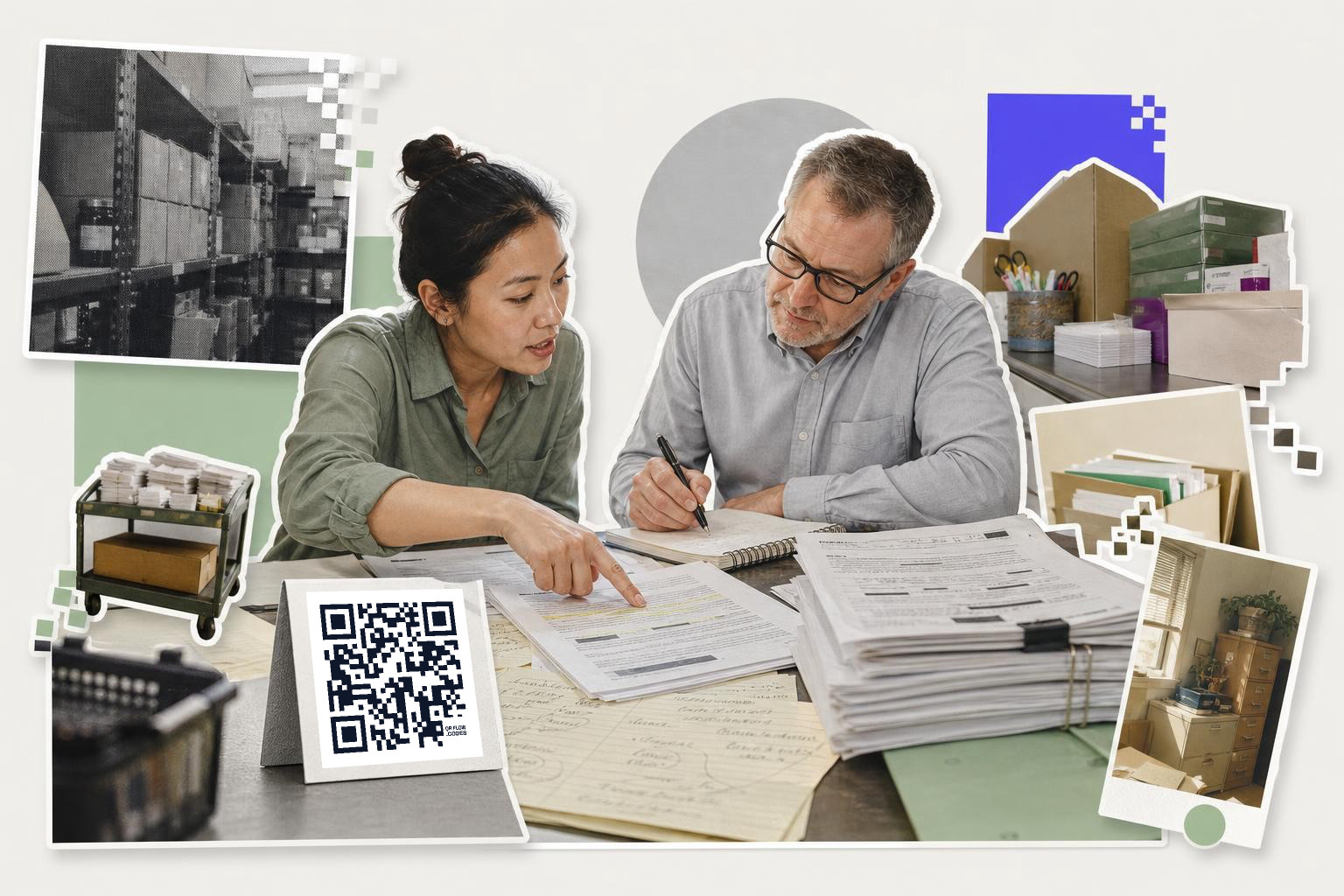 Two people reviewing documents at a table with a QR code card and office supplies around them.