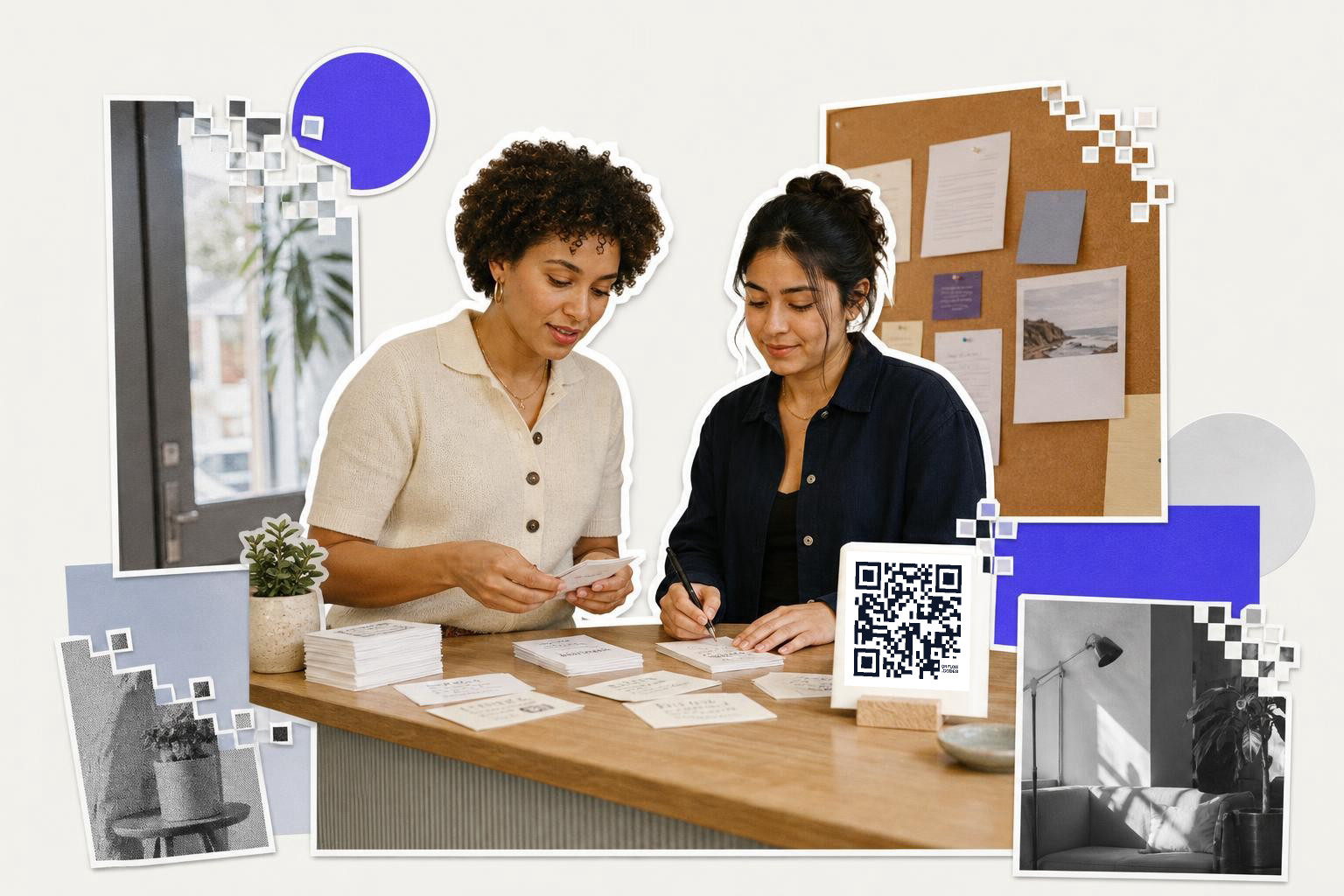 Two people at a table with papers and a QR code card, bulletin board in the background.