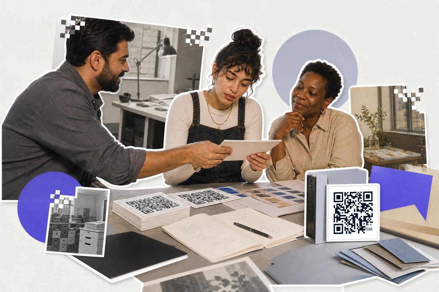 Three people at a table reviewing documents with a QR code on a binder nearby.