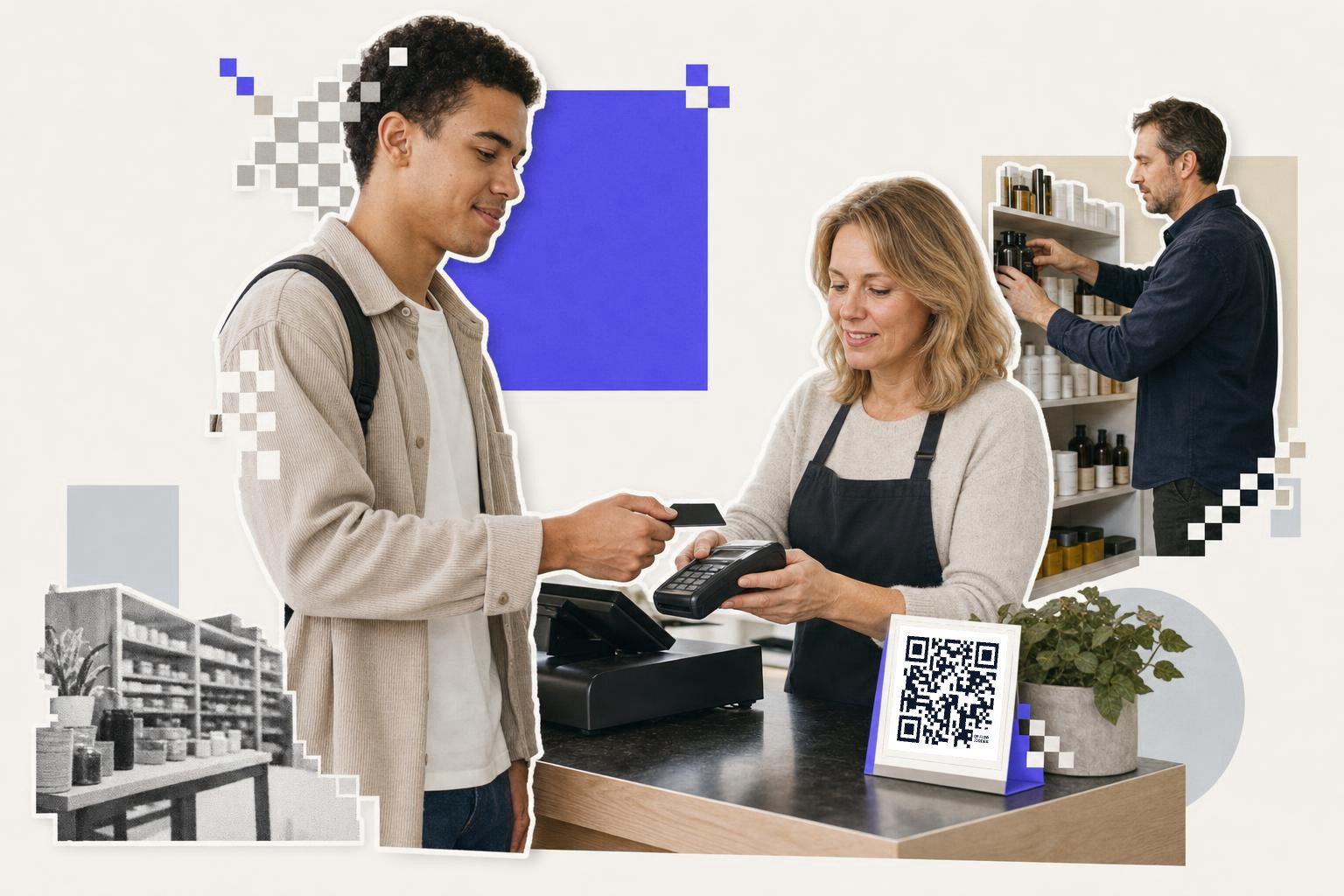 Customer pays with card at counter, cashier holds terminal, QR code security for transactions displayed nearby.