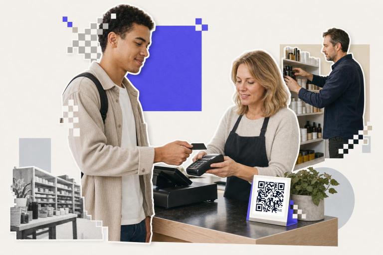 Customer pays with card at counter, cashier holds terminal, QR code security for transactions displayed nearby.