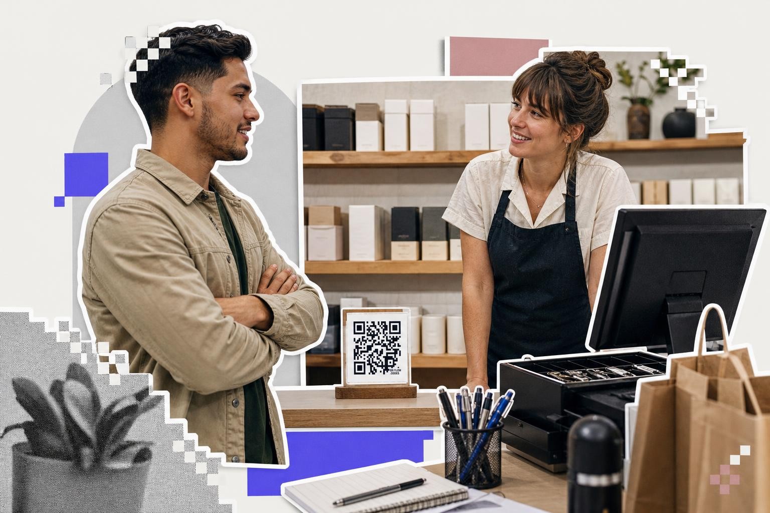 Man and woman smiling at each other in a store with a QR code on the counter
