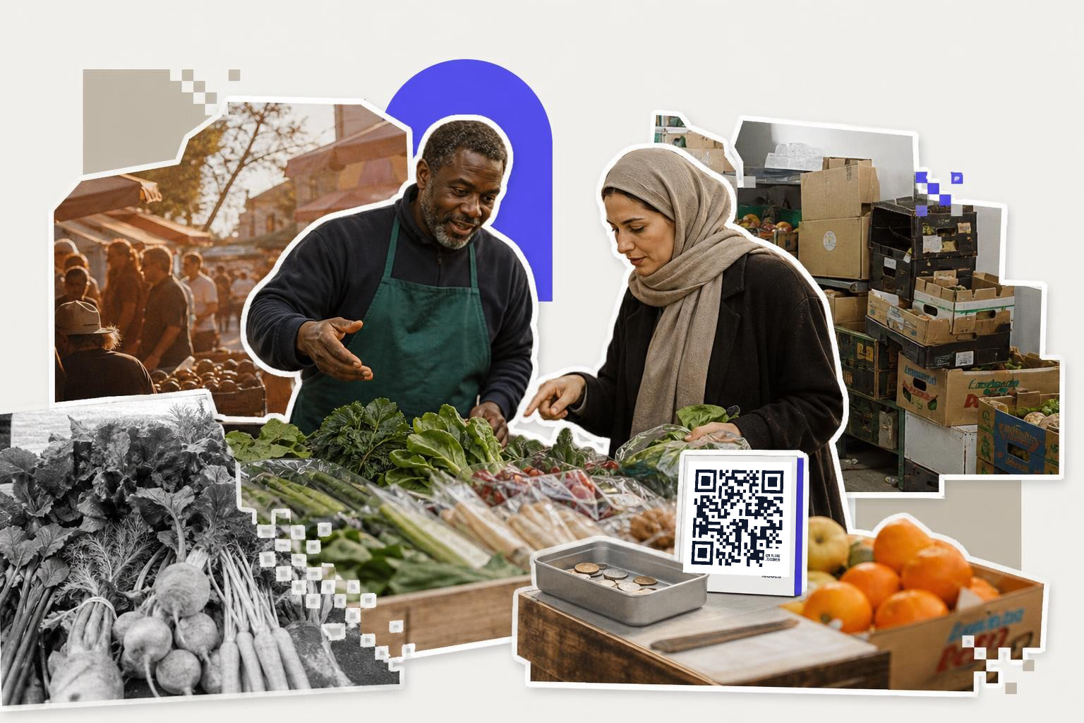 Two people at a market stall with vegetables and a QR code card on the counter.