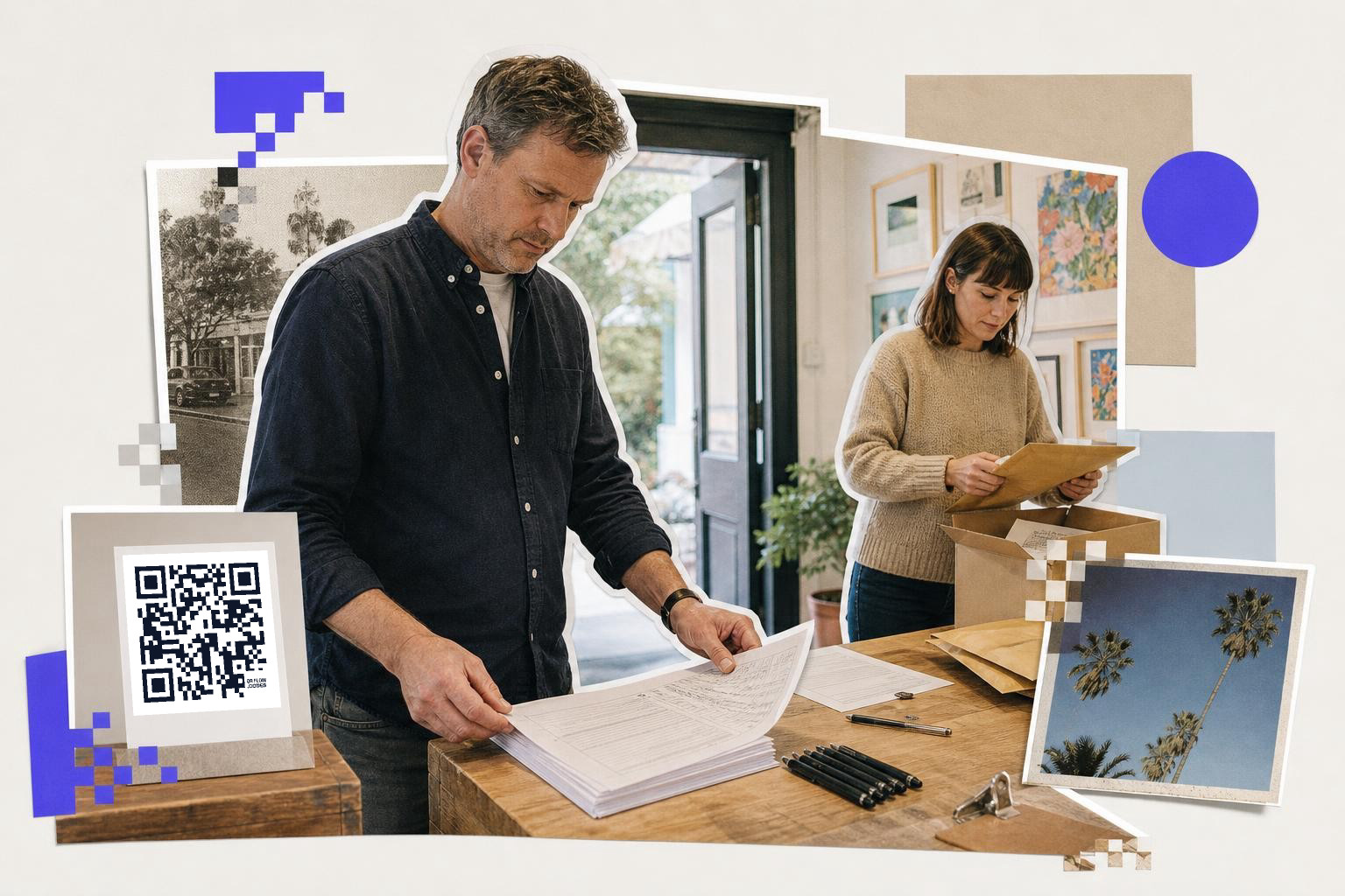 Two people sorting papers and envelopes at a wooden table with a QR code nearby.