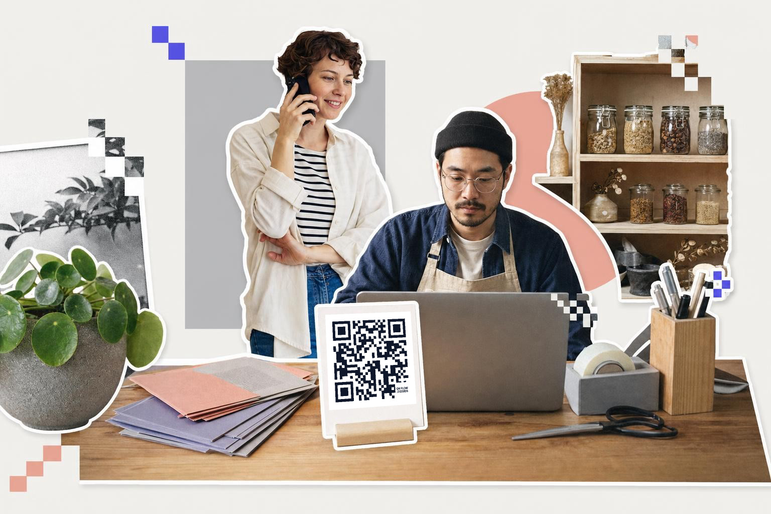 Man working on laptop with QR code card on desk, woman talking on phone nearby, discussing how to create a QR code for a website.
