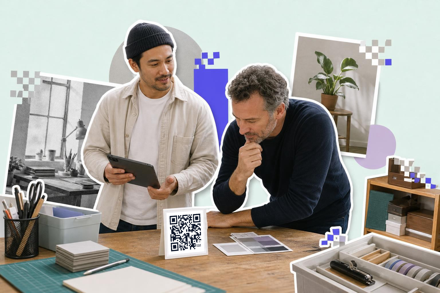 Two men discussing over a QR code card on a table in a creative workspace.