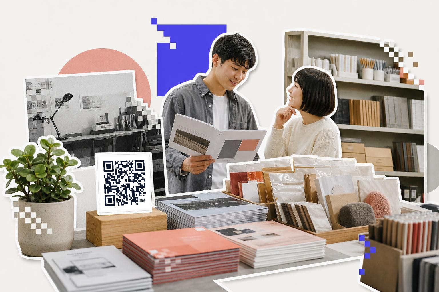 Two people in a store looking at a book with a QR code on a stand nearby.