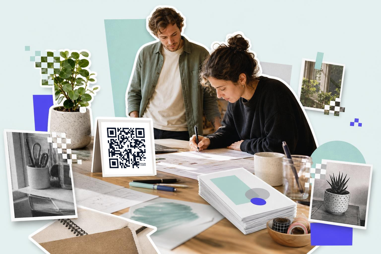Two people working at a table with a QR code card and various office supplies.