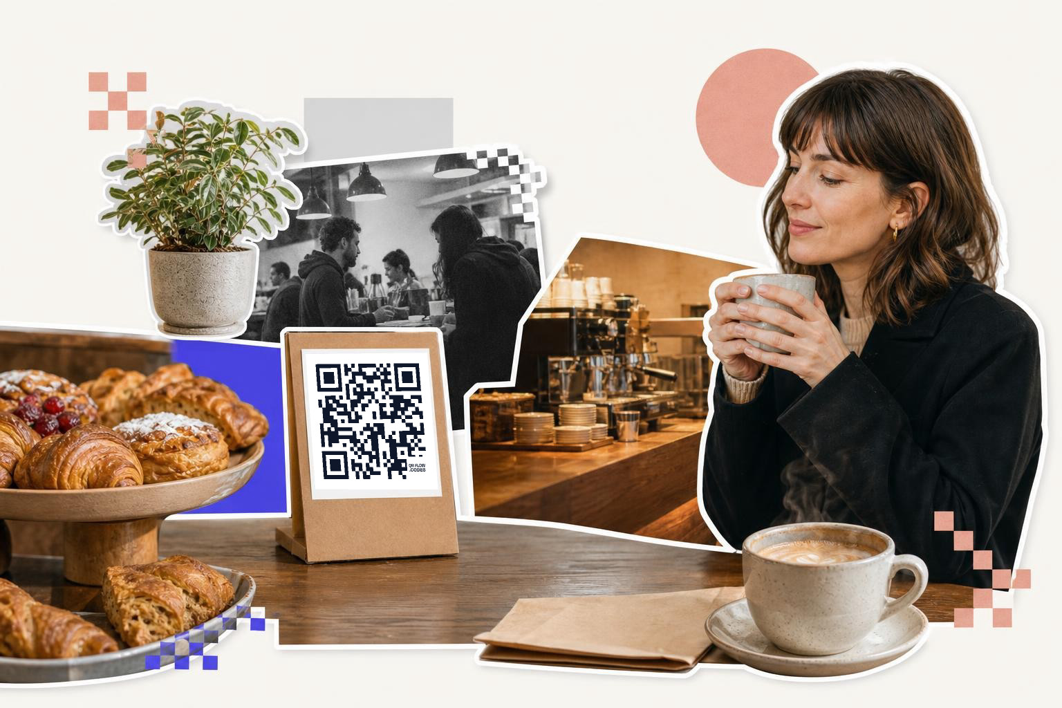 Woman enjoying coffee at a cafe table with pastries, plant, and QR code on a stand.