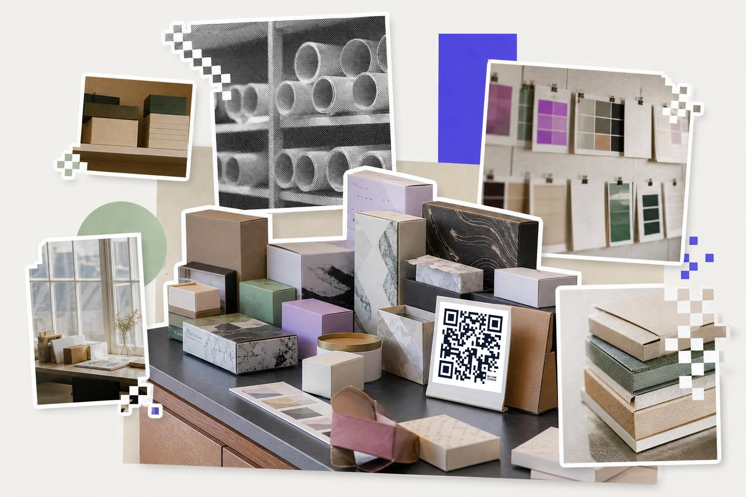 Assorted boxes and packaging samples on a table with a QR code card displayed prominently.