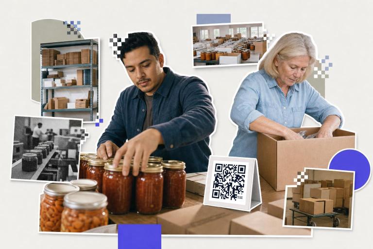 Two people pack jars and boxes with a gs1 digital link QR code packaging card on the table