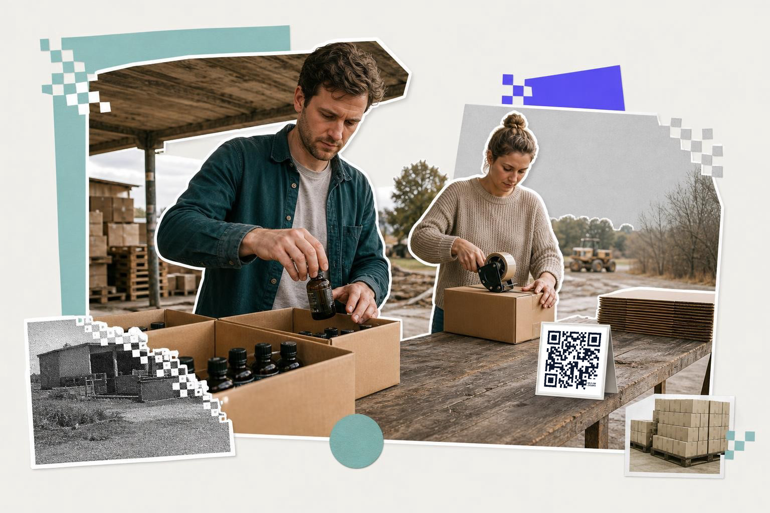 Two people packing bottles into boxes outdoors with a QR code on a table nearby.