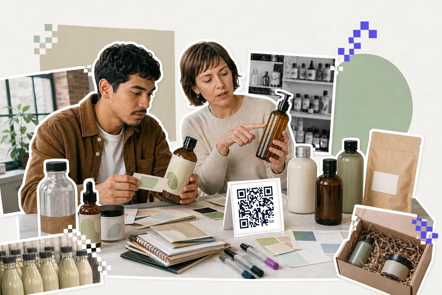 Two people at a table discussing product labels with a QR code card and various bottles.