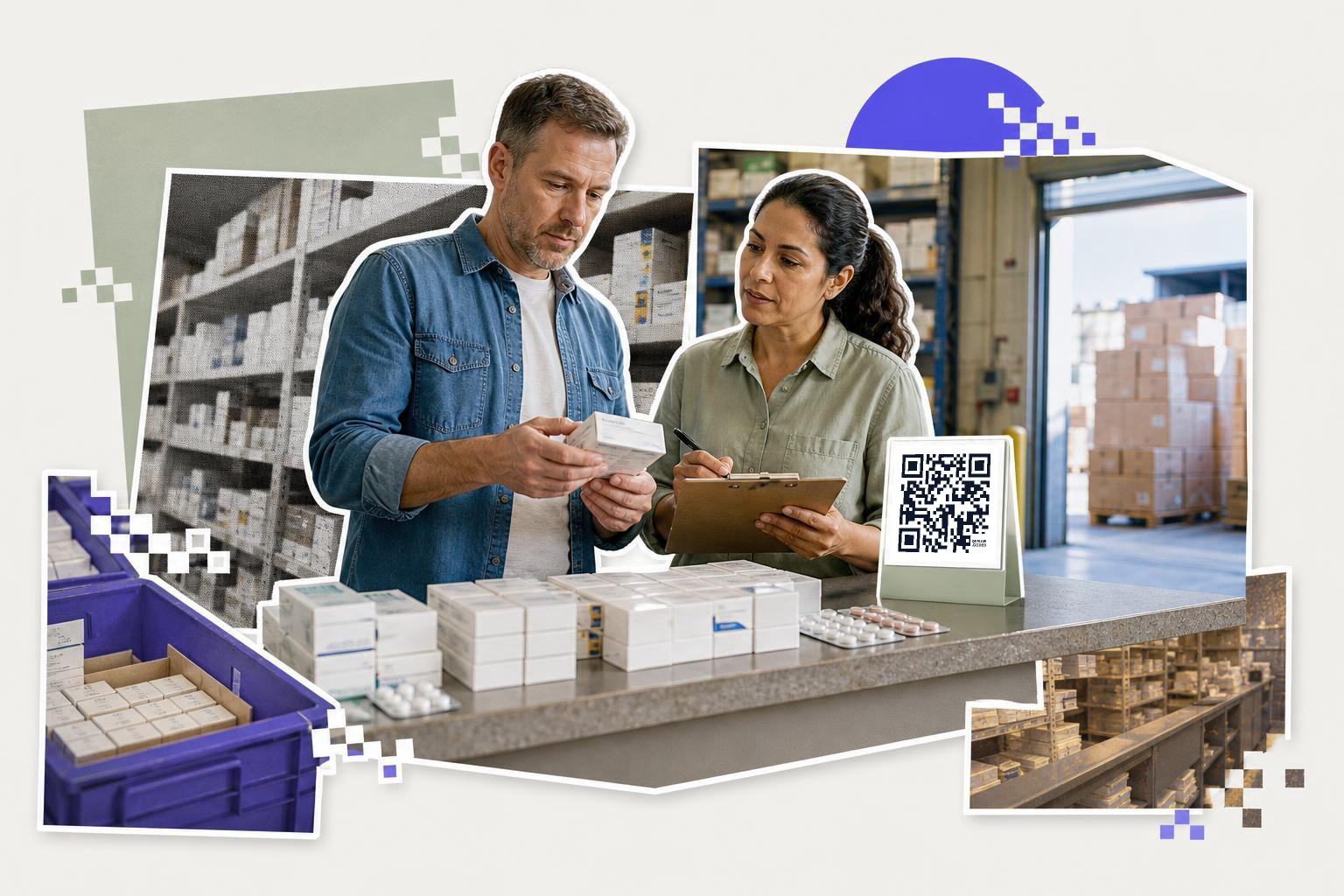 Two people in a warehouse checking boxes with a QR code on a counter nearby.