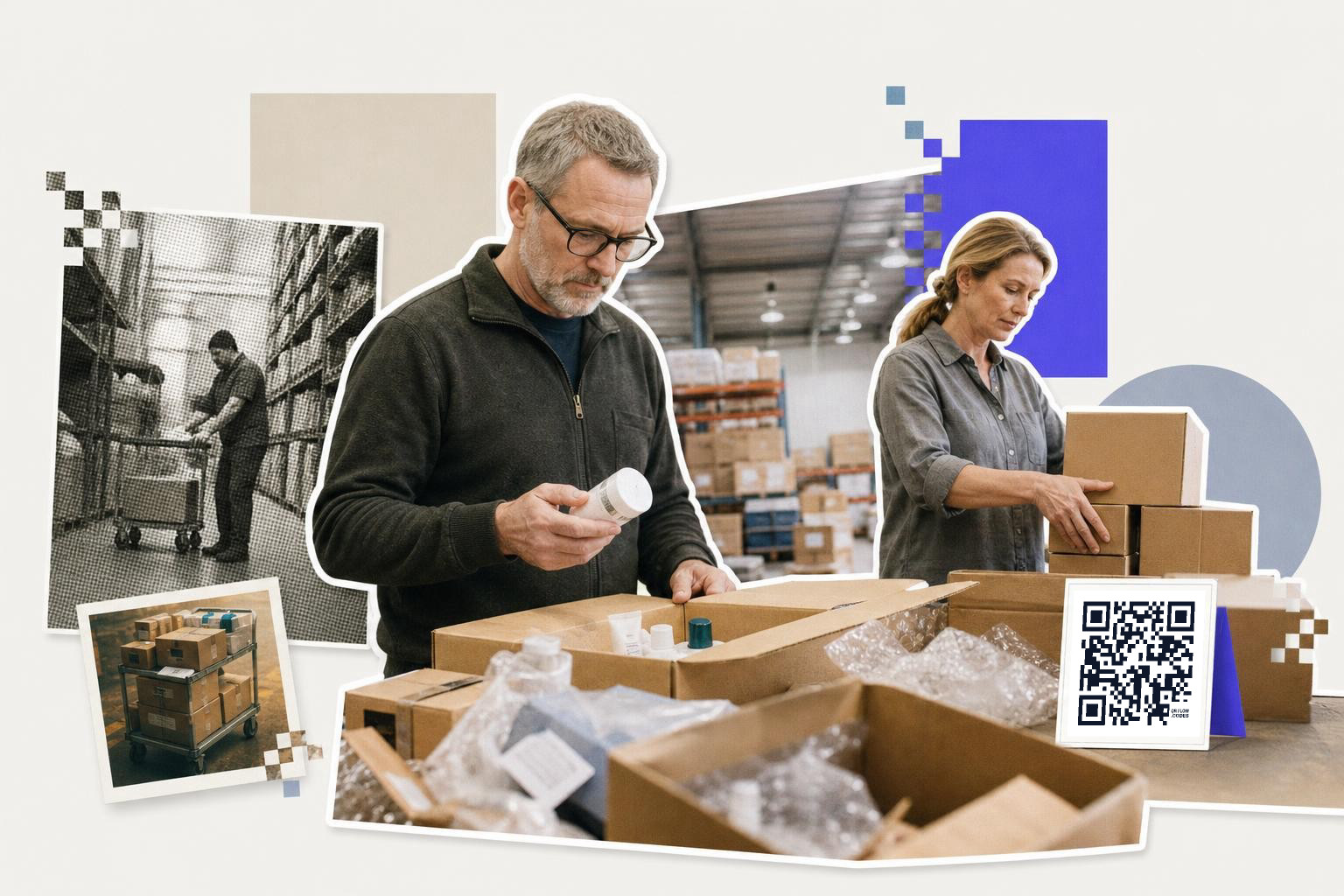 Two people in a warehouse packing boxes with a QR code on a card nearby.