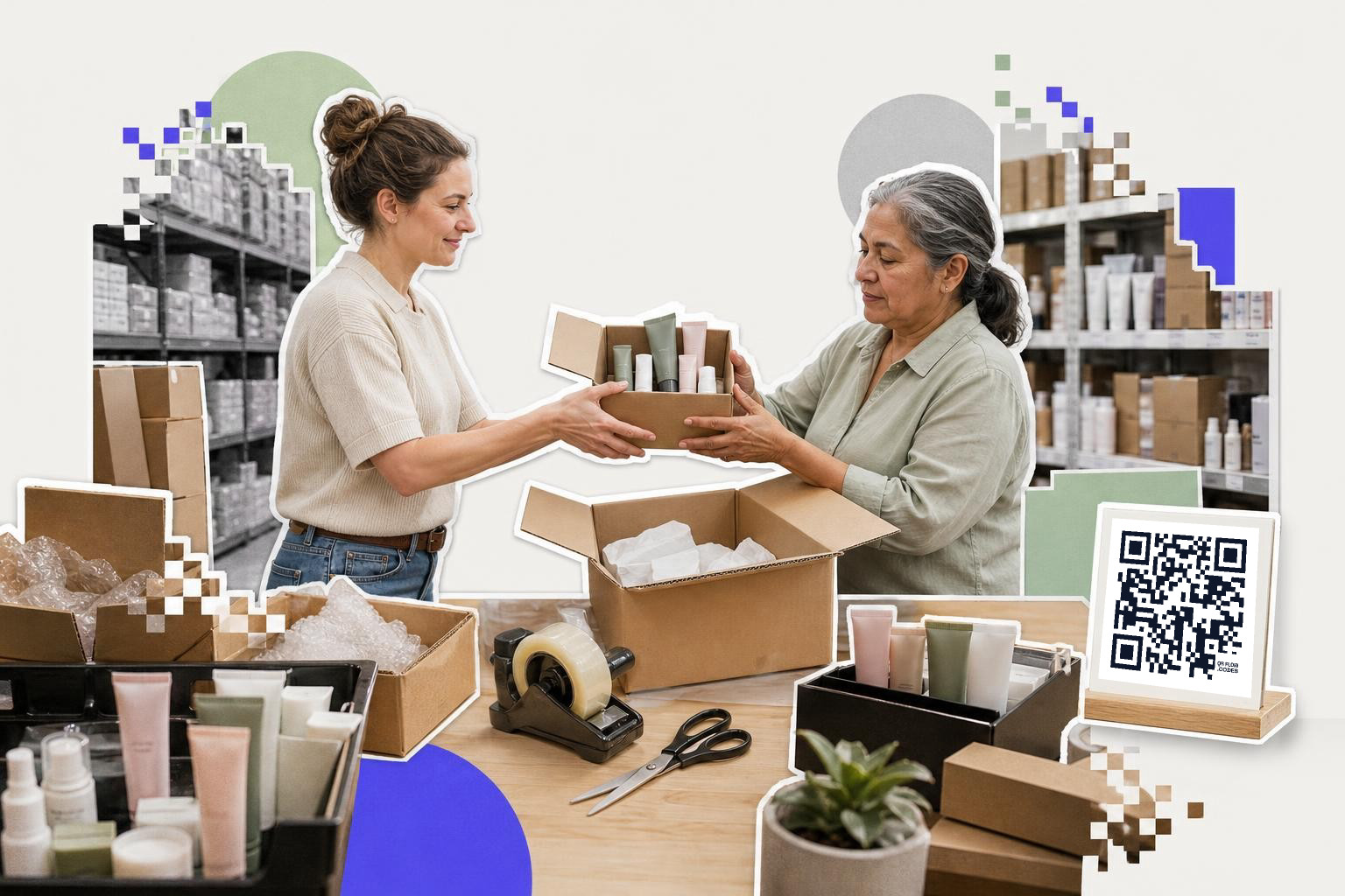 Two women packing skincare products into boxes at a table with a QR code sign nearby.