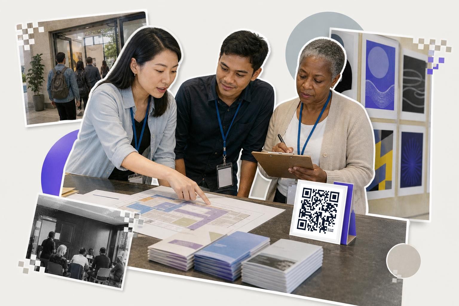 Three people discussing a floor plan at a table with a QR code card and brochures.