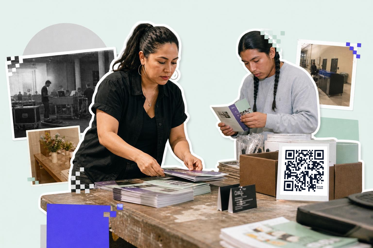 Two people organizing brochures at a table with a QR code card and various photos around them.