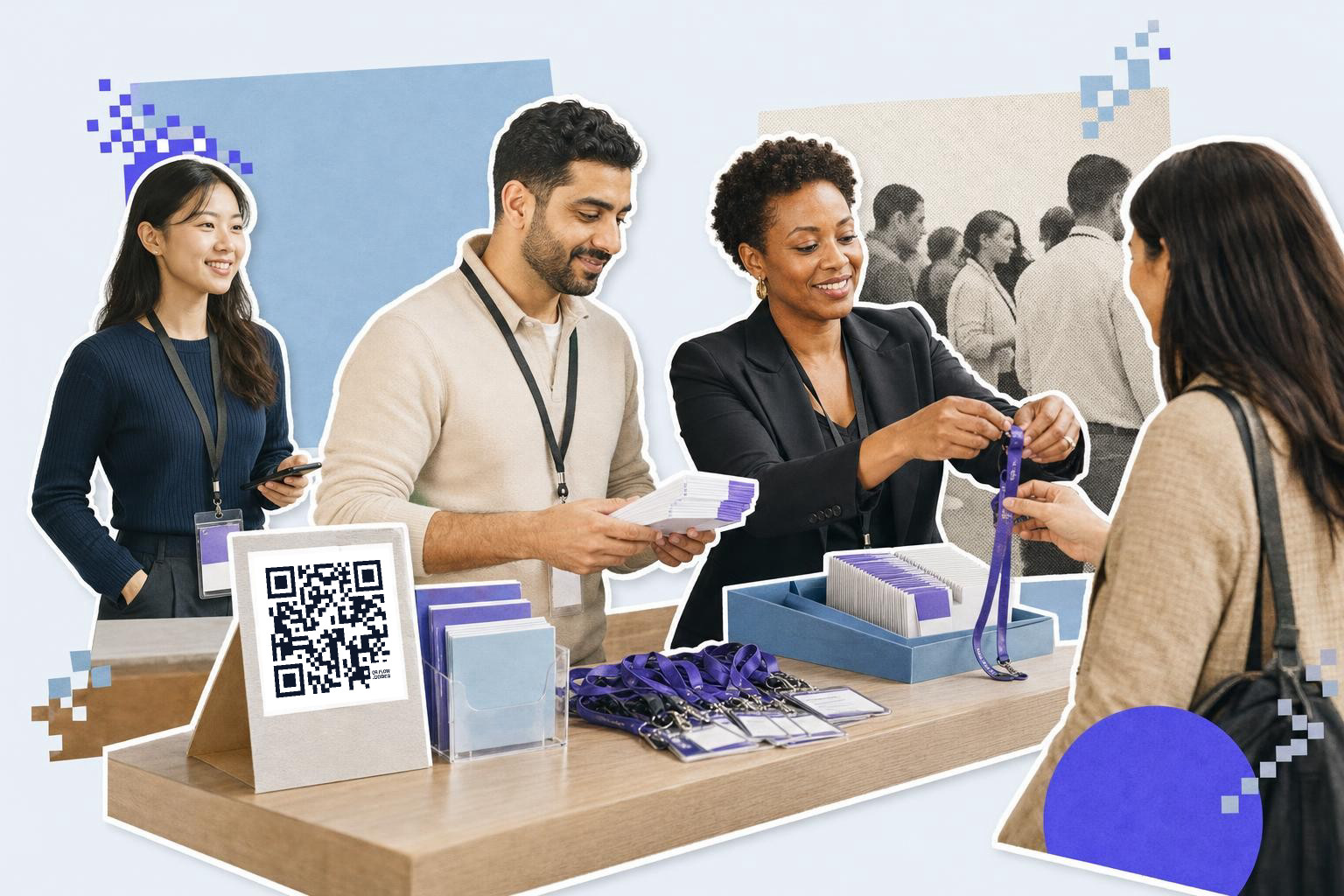 People at a registration desk with a QR code for Eventbrite on a card, exchanging lanyards.