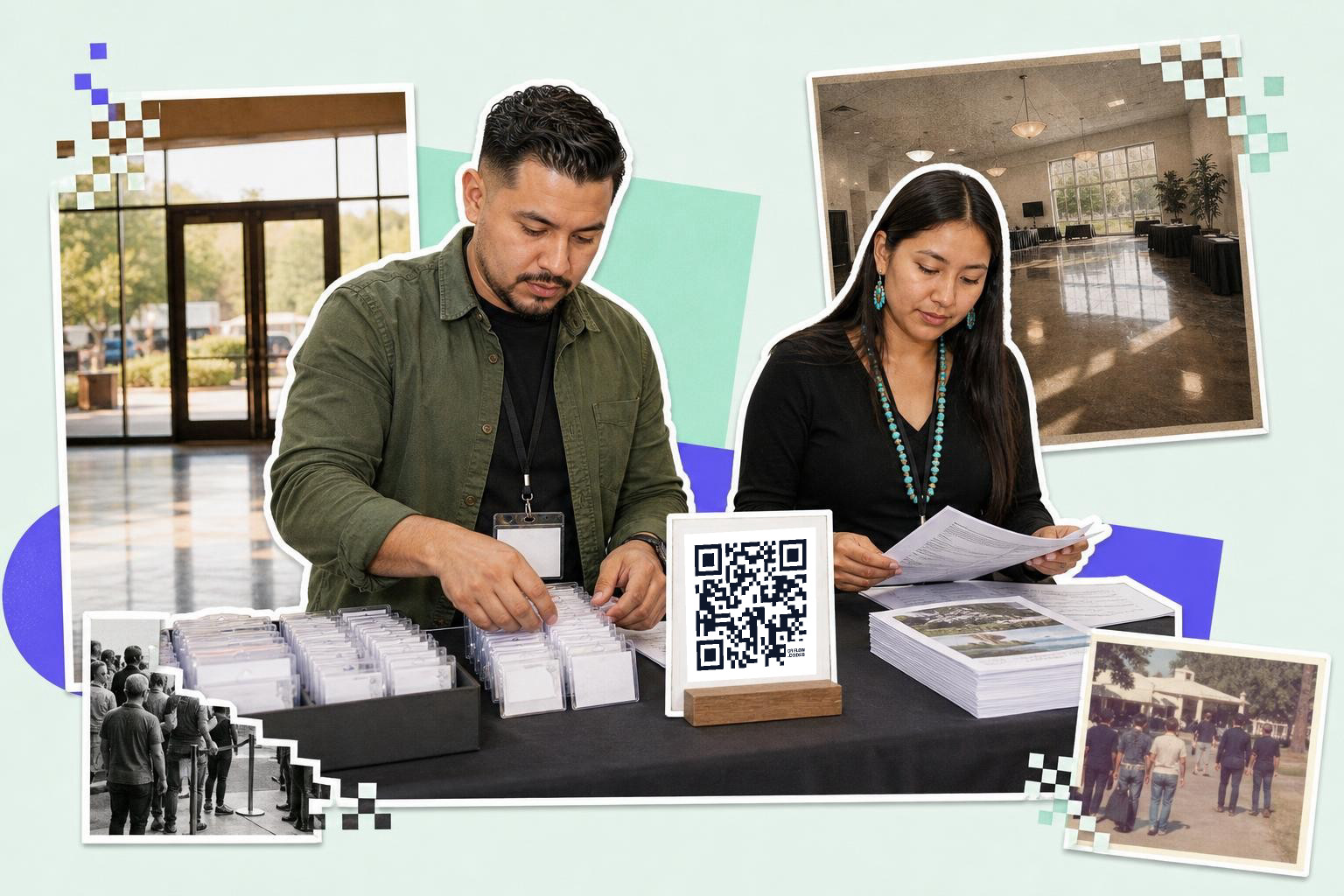 Two people at a table organizing cards with a QR code sign, surrounded by various photos.